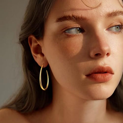 OGD Teardrop Hoop Earrings for Women 14K Gold Plated Large Chunky Oval Pull Through Hoop Earrings Statement Jewelry Gift for Women Hypoallergenic - color: Oval Earrings-Gold