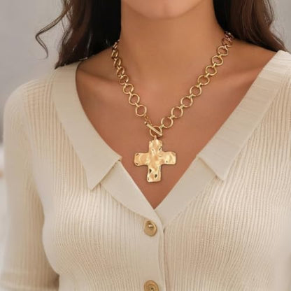 18k Gold Plated Chain Link Necklace for Women, Baroque Pearl/Compass Pendant Necklace - color: Big Cross