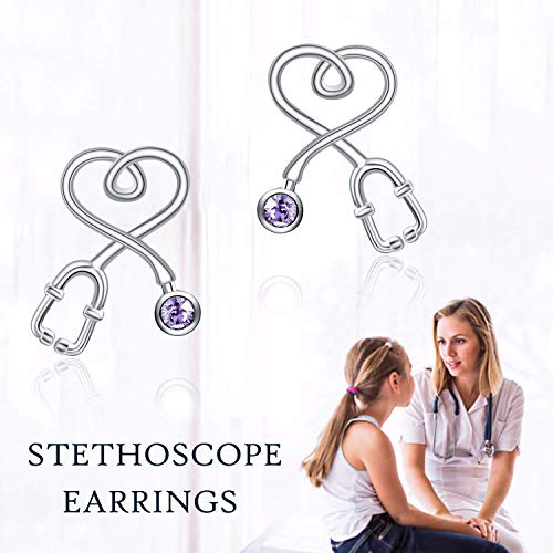 Stethoscope Earrings 925 Sterling Silver Heart Studs Earrings 12 Months Birthstone Crystals from Austria, Graduation Jewelry Gifts for Nurse Doctor RN Medical Student - color: Violet Purple