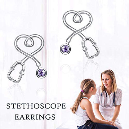 Stethoscope Earrings 925 Sterling Silver Heart Studs Earrings 12 Months Birthstone Crystals from Austria, Graduation Jewelry Gifts for Nurse Doctor RN Medical Student - color: Violet Purple