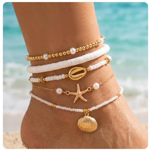 Ouligay 5PCS Shell Ankle Bracelet Set for Women Boho Bead Adjustable Anklet | Beach Bracelets Layered Boho Anklet Cowrie Shell Bracelets Hawaiian Beach Seashell Starfish Foot Jewelry Gifts
