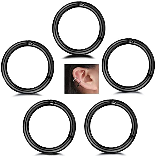 5Pcs Stainless Steel 16G 18G Sleeper Hoop Earrings for Women Men Septum Hinged Clicker Nose Lip Ring Helix Daith Cartilage Tragus Piercings Tiny Small Huggie Hoops Hypoallergenic Sensitive Ears Jewelry - style: 10mm in Black 16G