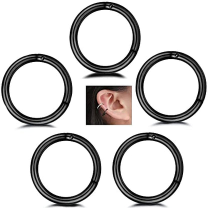 5Pcs Stainless Steel 16G 18G Sleeper Hoop Earrings for Women Men Septum Hinged Clicker Nose Lip Ring Helix Daith Cartilage Tragus Piercings Tiny Small Huggie Hoops Hypoallergenic Sensitive Ears Jewelry - style: 10mm in Black 16G