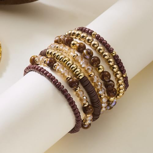 FORUBUS 7Pcs Bohemian Multilayer Stackable Beaded Bracelets Set for Women, Crystal Glass Gold CCB Beads Stretch Bracelet Pack, Summer Beach Boho Jewelry Vacation Gifts - color: Brown