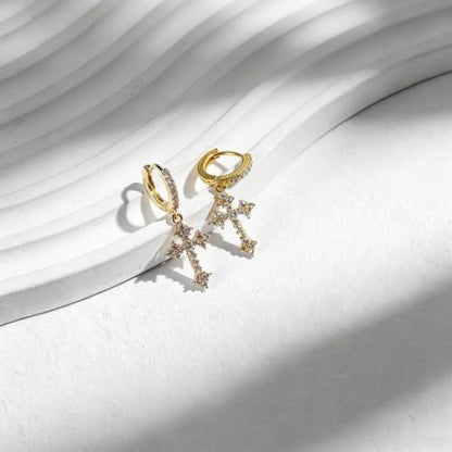 NEWITIN CZ Cross Earrings for Men Women 14K Gold Plated Huggie Hoop Earring | Hypoallergenic, 5A+ Cubic Zirconia, Cartilage Earring, Sensitive Ears, Silver Gold, Men Hoops Dangling, Cross Diamond Earring - color: Gold A