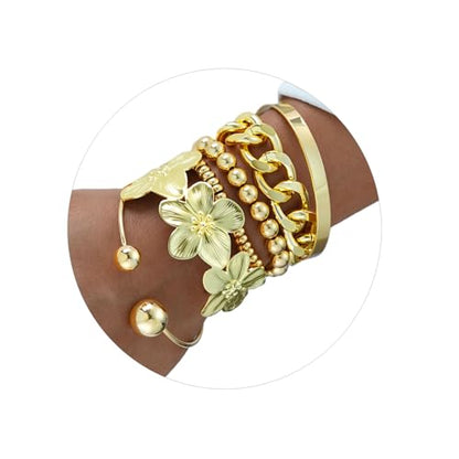 Golden Stackable Bracelets Set for Women Trendy Multi Layer Adjustable Chunk Flower Cuff Bracelet Geometric Irregular Wave Statement Bangle Glamour Stacking Cuff Jewelry - color: Gold-D
