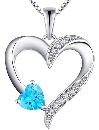 YL Heart Necklace 925 Sterling Silver Love Heart Pendant Birthstone Jewelry for Women - color: 03-aquamarine-Mar