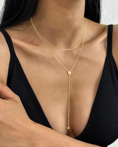 Yoosteel Long 14K-Gold-Plated Necklace for Women,Layered Lariat Necklaces | Dainty Y Drop Necklaces, Western Necklace Stack,Simple Bar Heart Circle Pendant,Prom Choker Chain Jewelry,Trendy Gifts - color: Layered Disc Y-Shaped Necklace