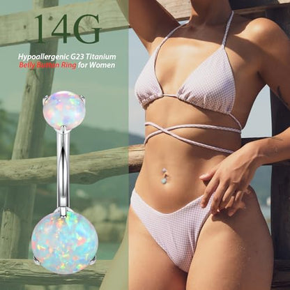 FUNLMO 14G Belly Button Ring Titanium Belly Button Piercing Belly Ring Internally Threaded Navel Piercing Jewelry - color: Silver-White Opal