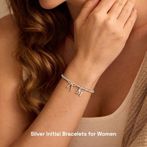Letter A-Z Bracelets for Women Teen - Inital Beaded Bracelet with Bowknot Charm, Dainty Stretch Stackable Bracelet, Trendy Jewelry Gifts for Birthday Easter Basket Stuffers - style: Silver: H
