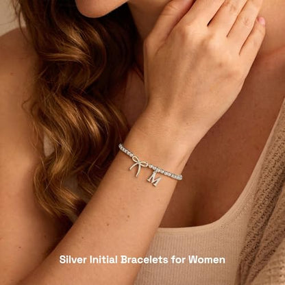 Letter A-Z Bracelets for Women Teen - Inital Beaded Bracelet with Bowknot Charm, Dainty Stretch Stackable Bracelet, Trendy Jewelry Gifts for Birthday Easter Basket Stuffers - style: Silver: H