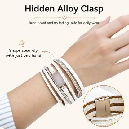 Vercret Leather Wrap Bracelet for Women, Multi-Layer Cuff Bangle | Boho Stacked Bracelets with Safe Clasp Western Bangle Jewelry Gift for Lady and Mom Sister Friend - style: Druzy White