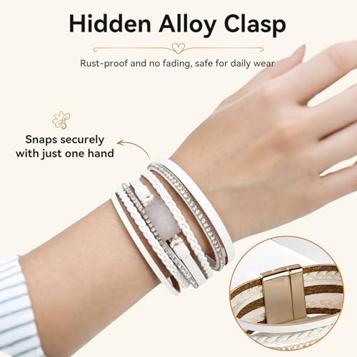 Vercret Leather Wrap Bracelet for Women, Multi-Layer Cuff Bangle | Boho Stacked Bracelets with Safe Clasp Western Bangle Jewelry Gift for Lady and Mom Sister Friend - style: Druzy White