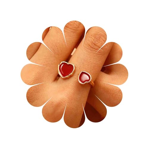 Vintage Cute Double Heart Rings White Opal Heart Half Open Ring Small Hearts Open Adjustable Ring Wedding Crystal Moonstone Love Wrap Finger Knuckle Rings Jewelry for Women - color: Red
