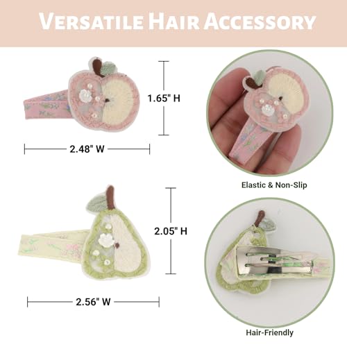 Fruit Shaped Embroidered Fabric Hair Clips, Bohemian Floral Faux Pearl Decorated Boho Barrettes, Soft Creaseless Green Pink Pastoral Retro Hair Accessories for Women Daily Casual Party Wear