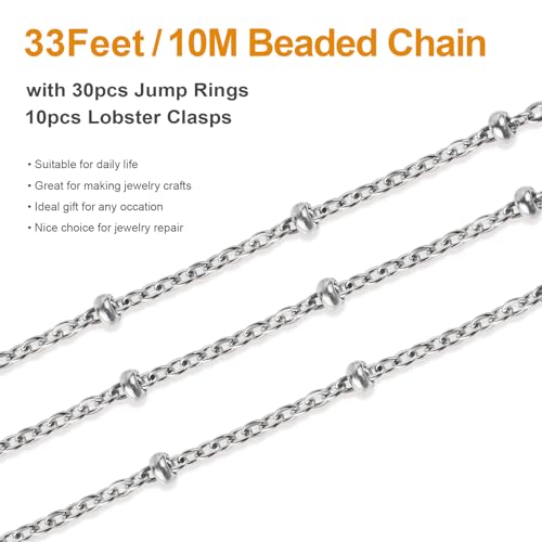 Kyutong Silver Cable Chain Spool 304 Stainless Steel Chains Link for Crafts | 32.8 Feet Small Beaded Chains for Jewelry Making Silver Bulk Chain for Women Men DIY Necklace Bracelet Earrings - color: Cross Bead Silver