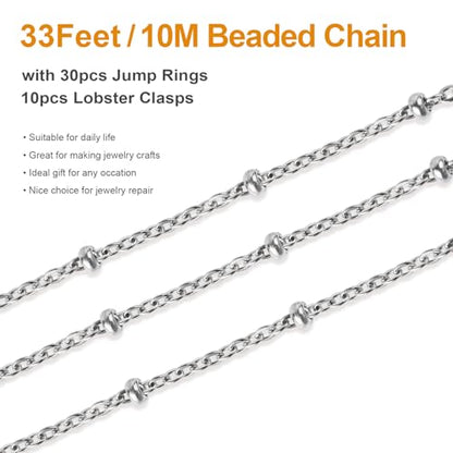 Kyutong Silver Cable Chain Spool 304 Stainless Steel Chains Link for Crafts | 32.8 Feet Small Beaded Chains for Jewelry Making Silver Bulk Chain for Women Men DIY Necklace Bracelet Earrings - color: Cross Bead Silver