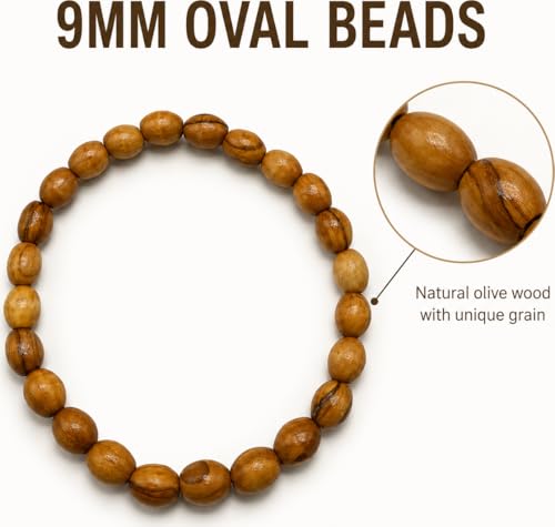Olive Wood Spiritual Bracelet from Bethlehem - Handmade 9mm Oval Wood Bead Stretch Mala for Yoga Meditation Mindfulness, Boho Wooden Jewelry, Single Oval Wood Bead Bracelet