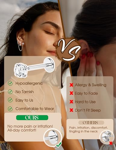 ORAZIO 16G/18G/20G Threadless Flat Back Earrings Push in Nose Rings Studs | 316L Surgical Steel Cartilage Earring Stacks Flatback Hypoallergenic Tragus Helix Conch Labret Medusa Piercing Jewelry - color: Style1-Silver, size: 16G=1.2mm