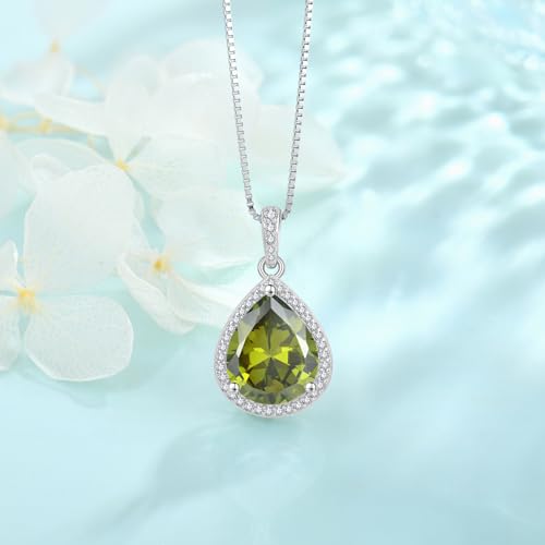 FJ Teardrop Pendant Necklace 925 Sterling Silver Birthstone Jewelry for Women - color: 08 August-Peridot