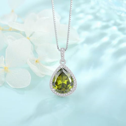 FJ Teardrop Pendant Necklace 925 Sterling Silver Birthstone Jewelry for Women - color: 08 August-Peridot