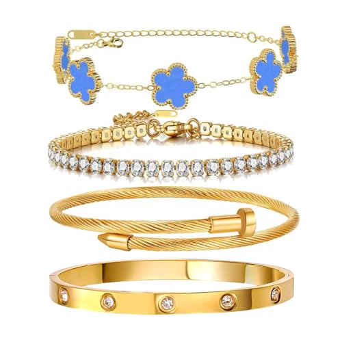 Gold Bracelets for Women, 18K Gold Plated Women Tennis Bracelets Clover Nail Love Bangle Bracelet Set, Gold Bracelet Stackable Set Trendy Jewelry, Gifts for Women's Day and Mother's Day - color: 01-Color-blue