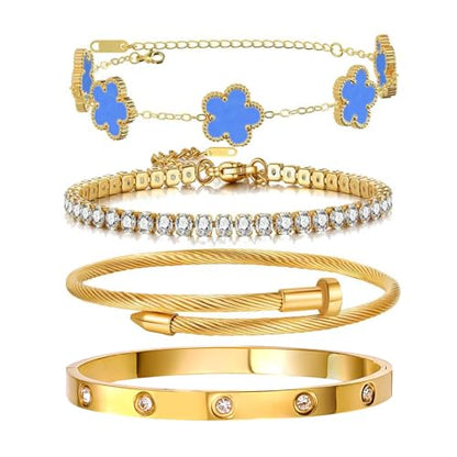 Gold Bracelets for Women, 18K Gold Plated Women Tennis Bracelets Clover Nail Love Bangle Bracelet Set, Gold Bracelet Stackable Set Trendy Jewelry, Gifts for Women's Day and Mother's Day - color: 01-Color-blue