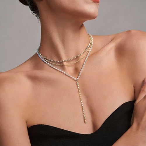 Necklace for Women, Dainty Long 14K Gold Y-Shaped Necklace Jewelry Trendy Beaded Layered Chain Drop Necklaces Jewelry Women Gifts - style: Multi-layered Pearl