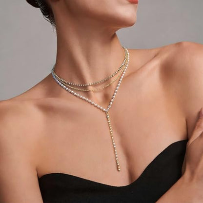 Necklace for Women, Dainty Long 14K Gold Y-Shaped Necklace Jewelry Trendy Beaded Layered Chain Drop Necklaces Jewelry Women Gifts - style: Multi-layered Pearl