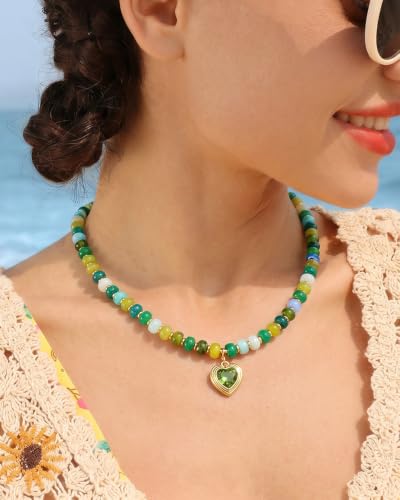 Boho Beaded Choker Necklaces for Women with A Gold Heart CZ - color: Green