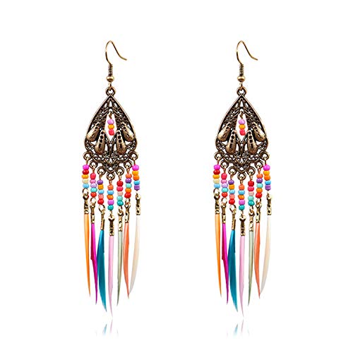 Set Bohemian Tassel Beaded Flower Drop Dangle Earrings Feather Ethnic Retro Boho Dangle Earring Beads for Women Jewelry for Gifts Vintage Rainbow Colorful - color: waterdrop gold