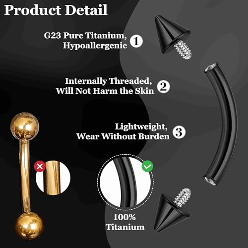 3PCS 16G 18G G23 Pure Titanium Eyebrow Piercing for Women Men Curved Barbell Tiny Eyebrow Ring Vertical Labret Lip Jewelry Internally Threaded Rook Helix Conch Daith Piercing Jewelry - color: Black, size: 18G