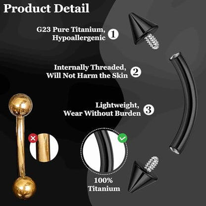 3PCS 16G 18G G23 Pure Titanium Eyebrow Piercing for Women Men Curved Barbell Tiny Eyebrow Ring Vertical Labret Lip Jewelry Internally Threaded Rook Helix Conch Daith Piercing Jewelry - color: Black, size: 18G