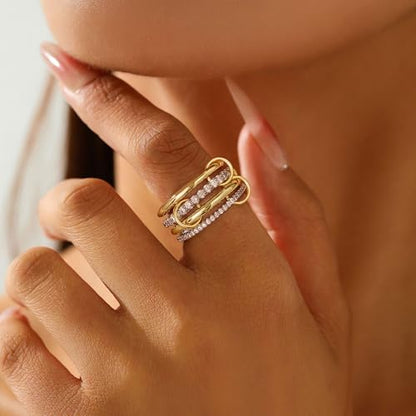 14K Gold Interlocking Stackable Rings for Women – Silver Gold Stack Ring Set with CZ, Two Tone Interlocked Stacked Ring, Multi-layer Statement Ring Jewelry - color: Upgraded 14K Gold&Silver CZ(4Layer), size: 7
