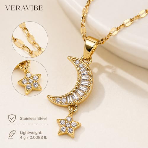 14K Gold Plated Stainless Steel Moon and Star Necklace | Dainty Celestial Crescent Pendant, Cubic Zirconia, Minimalist Boho, For Women, 15.4"+2" Adjustable