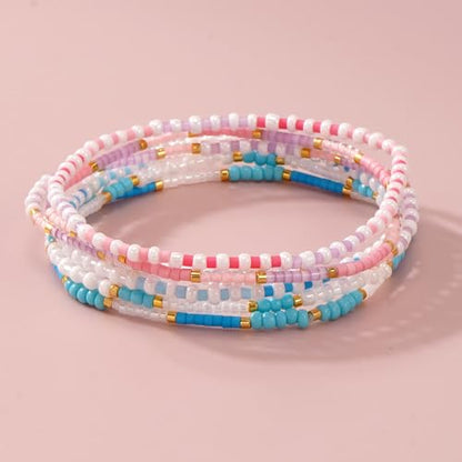 Dainty Gold Plated Tiny Ball Colorful Beaded Stack Bracelets Sets for Women,3Pcs Stackable Cute Bracelet Stretch Trendy Ball Jewelry Friendship Gift - color: light blue