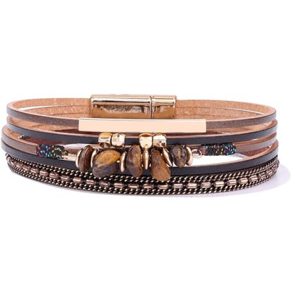 Boho Gemstone Beaded Leather Wrap Bracelets Stackable Chunky Cuff Bracelet Western Jewelry Cowboy Chic Country Concert Outfits for Women - color: Brown