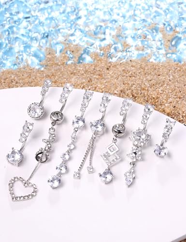 FIBO STEEL 8Pcs Belly Button Ring for Women Dangle Belly Rings Surgical Steel Cute Heart Flower Dainty Dangly Belly Button Piercing Jewelry Navel Ring Silver Plated 14G