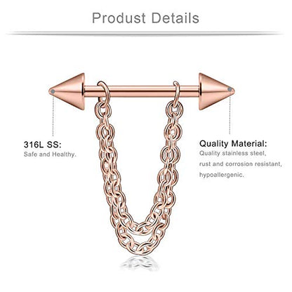 Ruifan Surgical Steel Nipple Shield Rings Tongue Barbell Piercing Jewelry Retainer 14G 5/8Inch Chain Dangle Clear CZ For Women Men 2-20PCS - color: 20PCS - Rose Gold