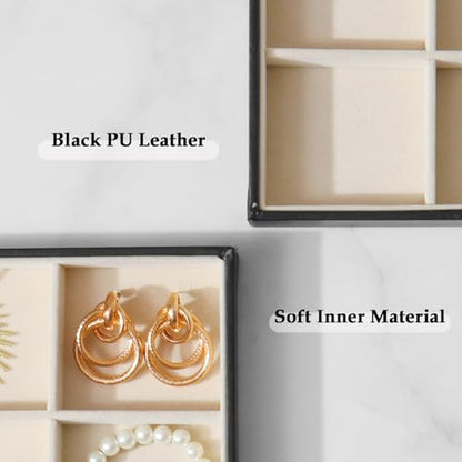 Large Jewelry Organizer Tray, Stackable Jewelry Storage Holder PU Leather Velvet Jewellery Display Case for Stud Earring Bracelet Necklace Ring (Black Beige, 12 Grids) - color: Black Beige