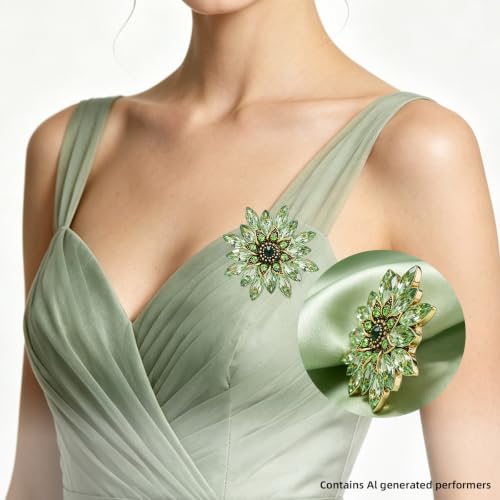 Crystal Flower Brooch Pin for Women Rhinestone Floral Lapel Jewelry - color: green