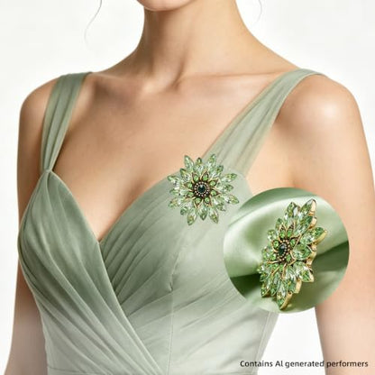 Crystal Flower Brooch Pin for Women Rhinestone Floral Lapel Jewelry - color: green