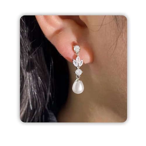 Trinckle Pearl Earrings for Women Drop Jewelry Bride Wedding Accessories | Dainty Gold Pearl Dangle Earrings, Silver Earrings for Bridesmaid, Floral Boho Bow Jewelry for Girls Prom Homecoming Gift - color: silver-rhinestone