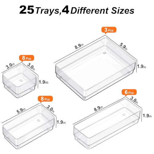 SMARTAKE 25 PCS Drawer Organizer, 4-Size Desk Drawer Organizer Trays | Storage Tray with Non-Slip Silicone Pads for Makeup, Jewelries, Utensils in Bedroom Dresser, Office and Kitchen (Clear) - style: 25 PCS