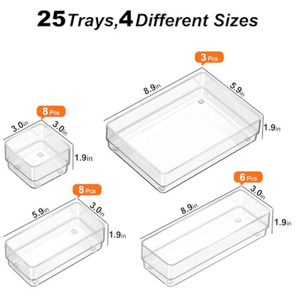 SMARTAKE 25 PCS Drawer Organizer, 4-Size Desk Drawer Organizer Trays | Storage Tray with Non-Slip Silicone Pads for Makeup, Jewelries, Utensils in Bedroom Dresser, Office and Kitchen (Clear) - style: 25 PCS