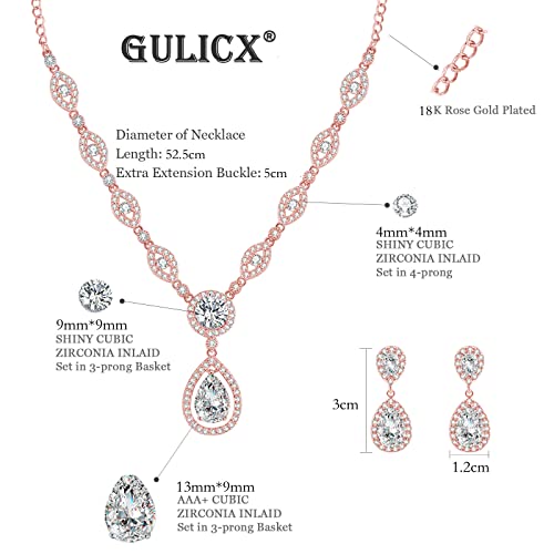 GULICX AAA Cubic Zirconia CZ Silver Plated Base Women's Party Jewelry Set Earrings Pendant Necklace - color: Rose gold Plated