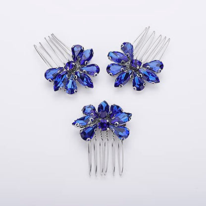 Teyglen Simple Rhinestones Crystal Bride Wedding Hair Comb Set Handmade Red Blue Black Crystal Side Hair Combs Bridal Hair Jewelry Set for Women Bride Girls (Blue) - color: Blue