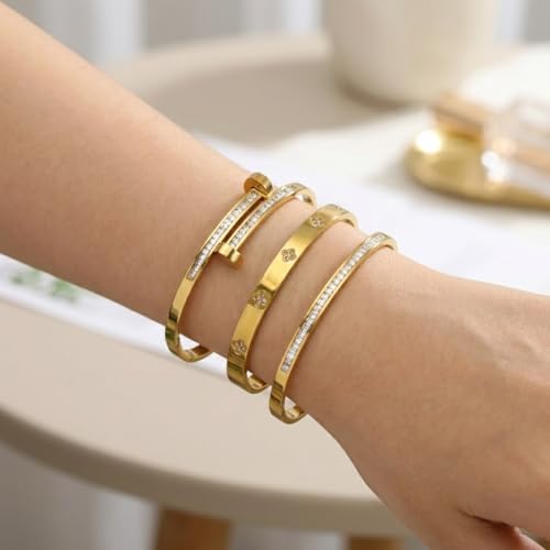Gold Bangle Bracelets for Women, 18K Gold Plated Stainless Steel Stackable Bangles, Non-Tarnish Trendy Jewelry, Ideal Gift for Birthday Anniversary - color: Gold-1