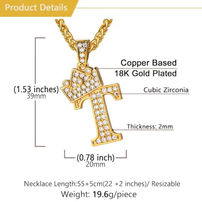 U7 Crown Initial Necklace Men Women, Bling Diamond A-Z 0-9 Letter Pendant with Wheat Chain, Silver/Black/Gold Plated CZ Alphabet Number Hip Hop Jersery for Father Husband - color: a. Gold, size: 20. T