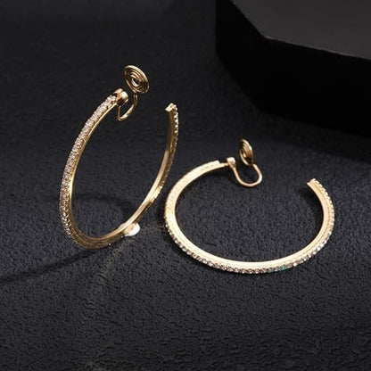 Gold Clip On Hoop Earrings for Women Large Rhinestone Statement Hoops Non Pierced Earrings Wedding Bridesmaid Party Jewelry - color: A1:gold earrings（4cm）